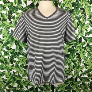 INC Gray White Striped V Neck Tee Shirt